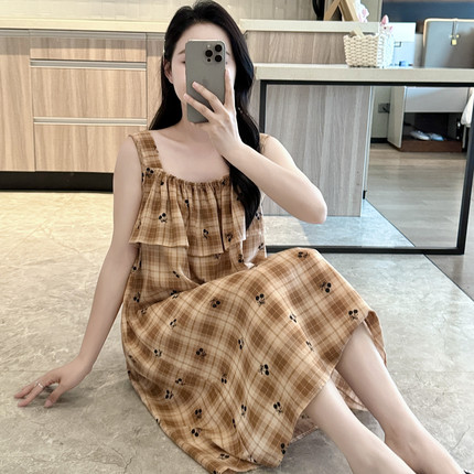 外穿防凸点棉绸睡裙女夏吊带睡衣性感人造棉孕妇连衣裙薄大码超火