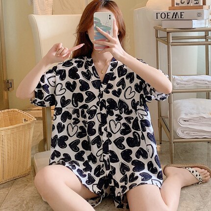 棉绸睡衣女夏短袖短裤人造棉大码家居服绵绸两件套装薄款时尚网红