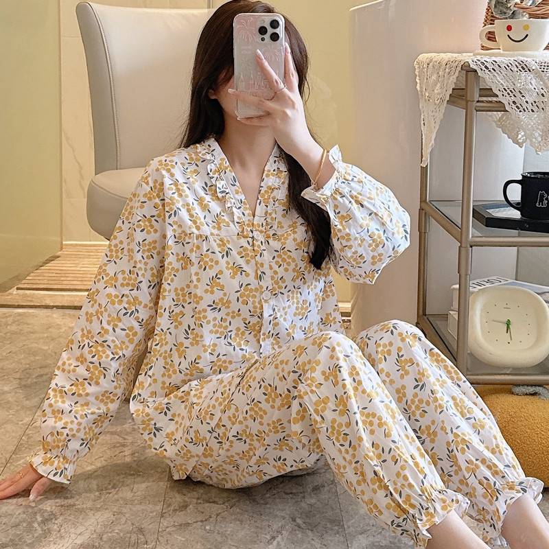 100全棉布料纯棉睡衣女春秋夏薄长袖妈妈家居服棉布套装大码外穿