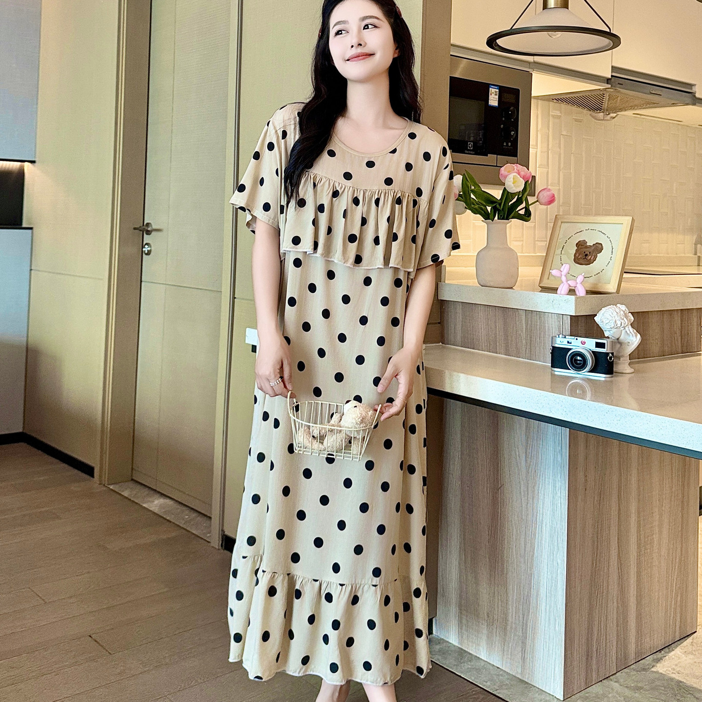 防凸点棉绸睡裙女夏短袖长款薄绵绸妈妈睡衣裙子人造棉连衣裙大码