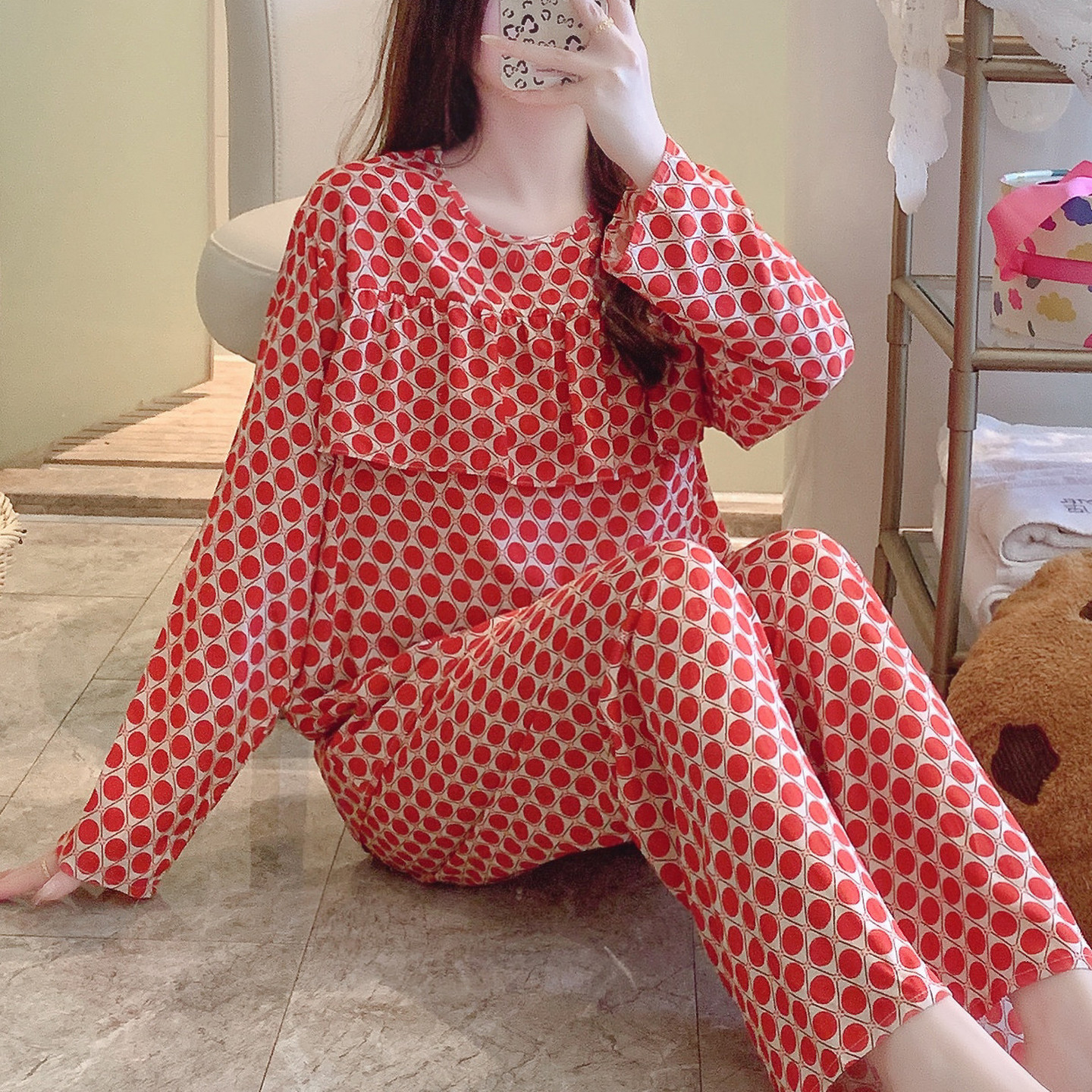防凸点棉绸睡衣女春秋夏长袖人造棉妈妈家居服绵绸薄套装简单好看