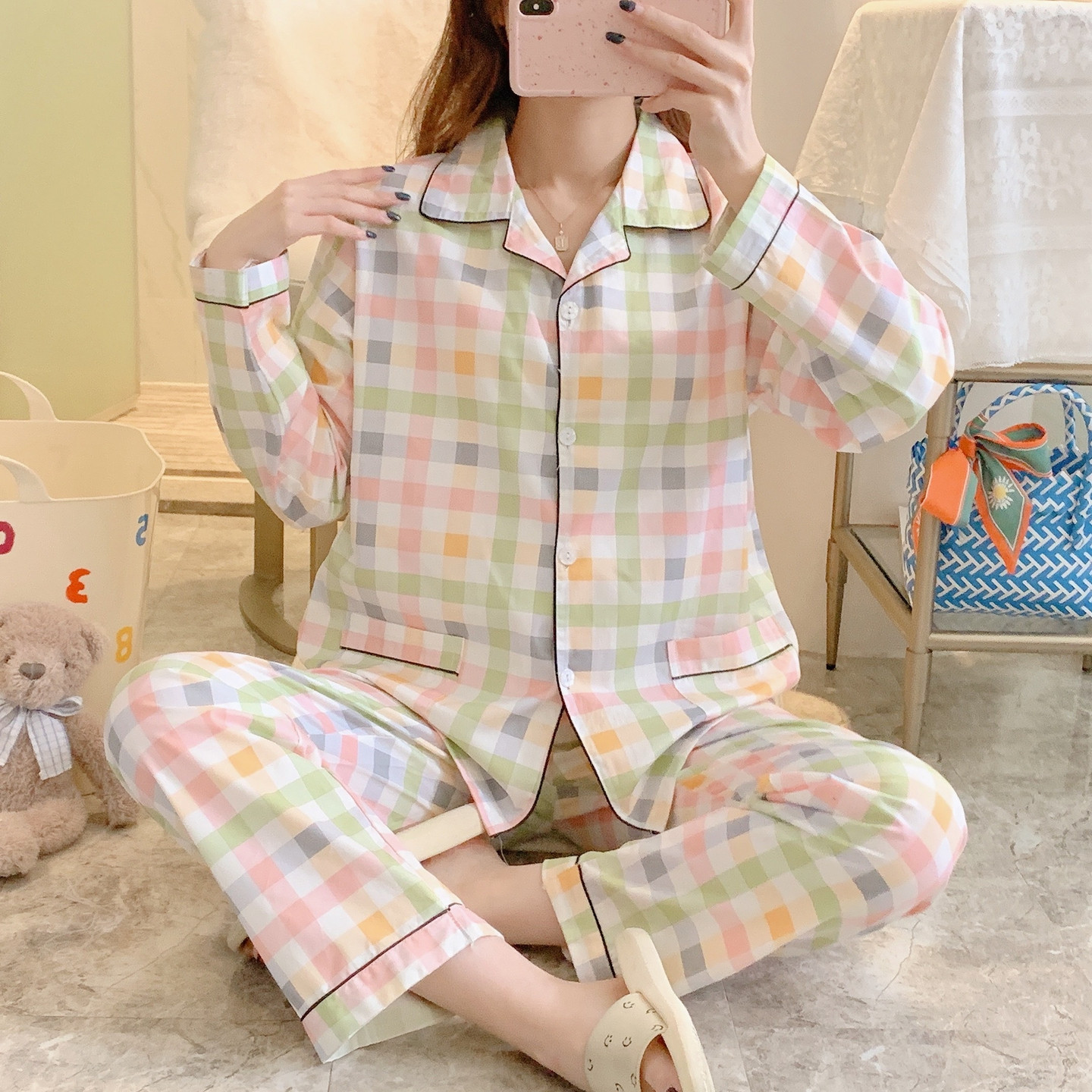 纯棉布料100全棉睡衣女春秋夏长袖薄妈妈月子家居服棉布套装日系