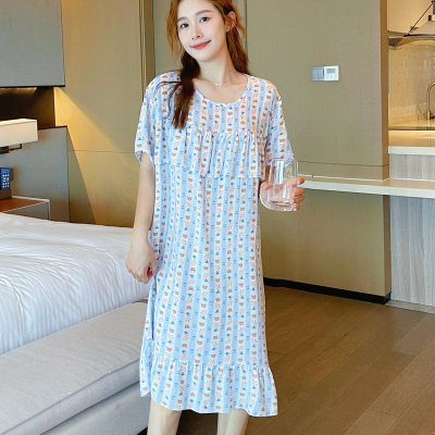 防凸点棉绸睡裙女夏短袖绵绸睡衣孕妇人造棉连衣裙睡衣裙大码可爱