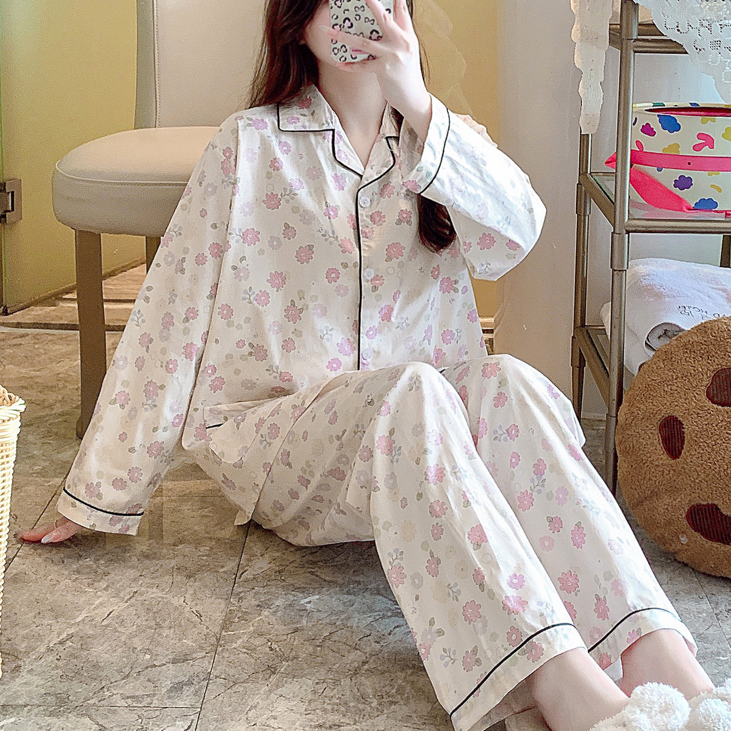 超火纯棉睡衣女春秋夏长袖薄全棉妈妈家居服梭织棉布老人套装碎花