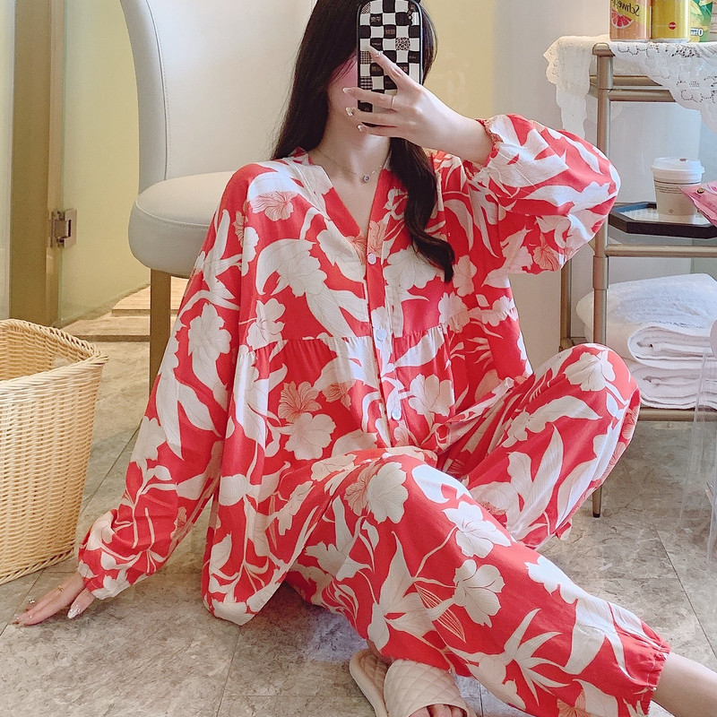 棉绸睡衣女春秋长袖夏季薄款绵绸家居服人造棉月子套装空调服大码
