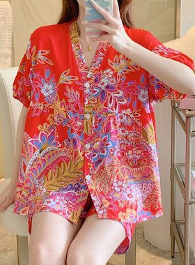 棉绸睡衣女夏短袖绵绸妈妈家居服人造棉薄套装大码200斤结婚红色