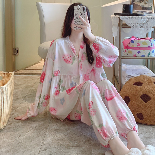 漂亮超火棉绸睡衣女春秋长袖夏薄款人造棉家居服绵绸大码套装可爱