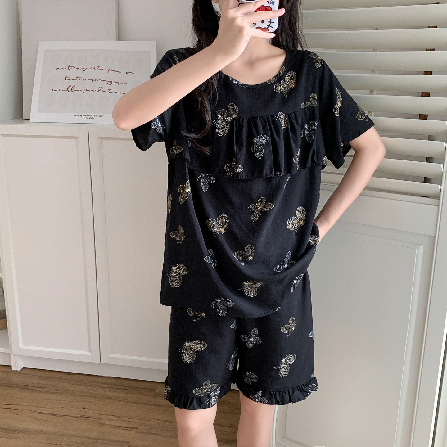 防凸点棉绸睡衣女夏短袖短裤薄人造棉中年妈妈家居服绵绸老人套装