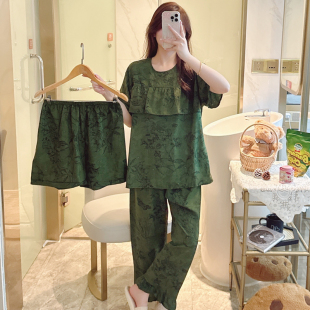防凸点三件套棉绸睡衣女夏短袖 薄款 绵绸家居服人造棉妈妈套装 大码