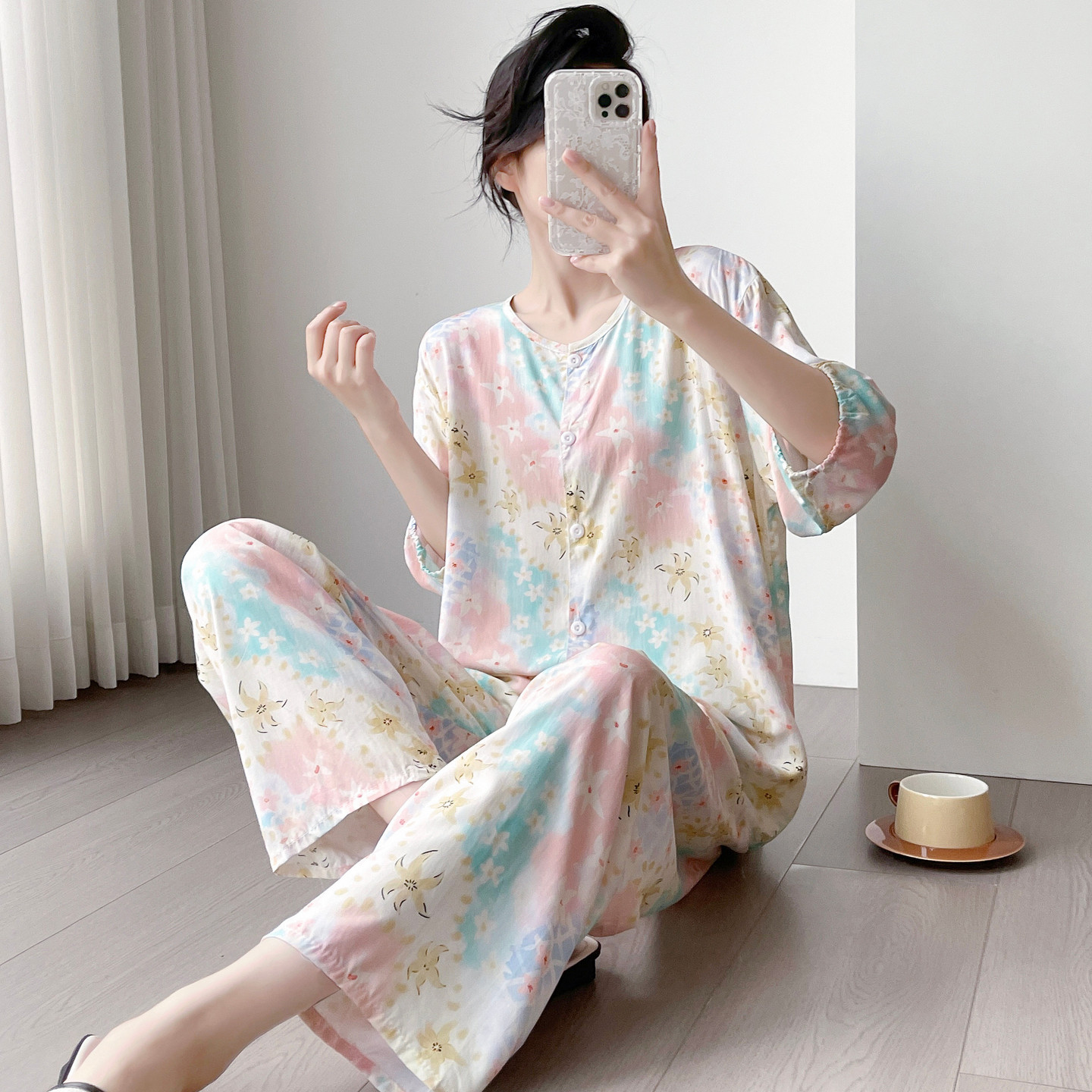 超火爆款棉绸睡衣女夏短袖长裤春秋人造棉家居服妈妈大码中袖套装
