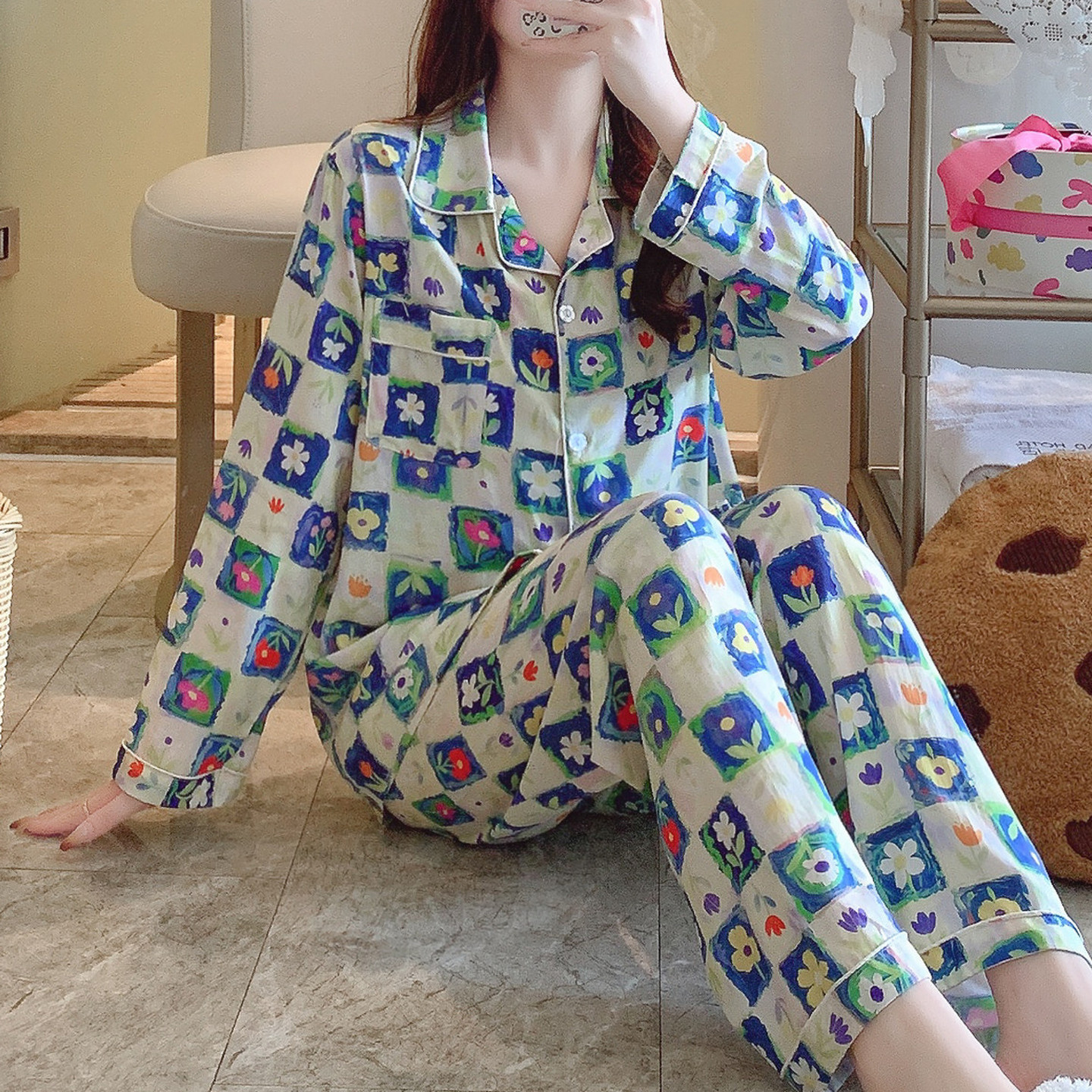 时尚洋气棉绸睡衣女春秋妈妈长袖夏薄款人造棉家居服绵绸套装大码