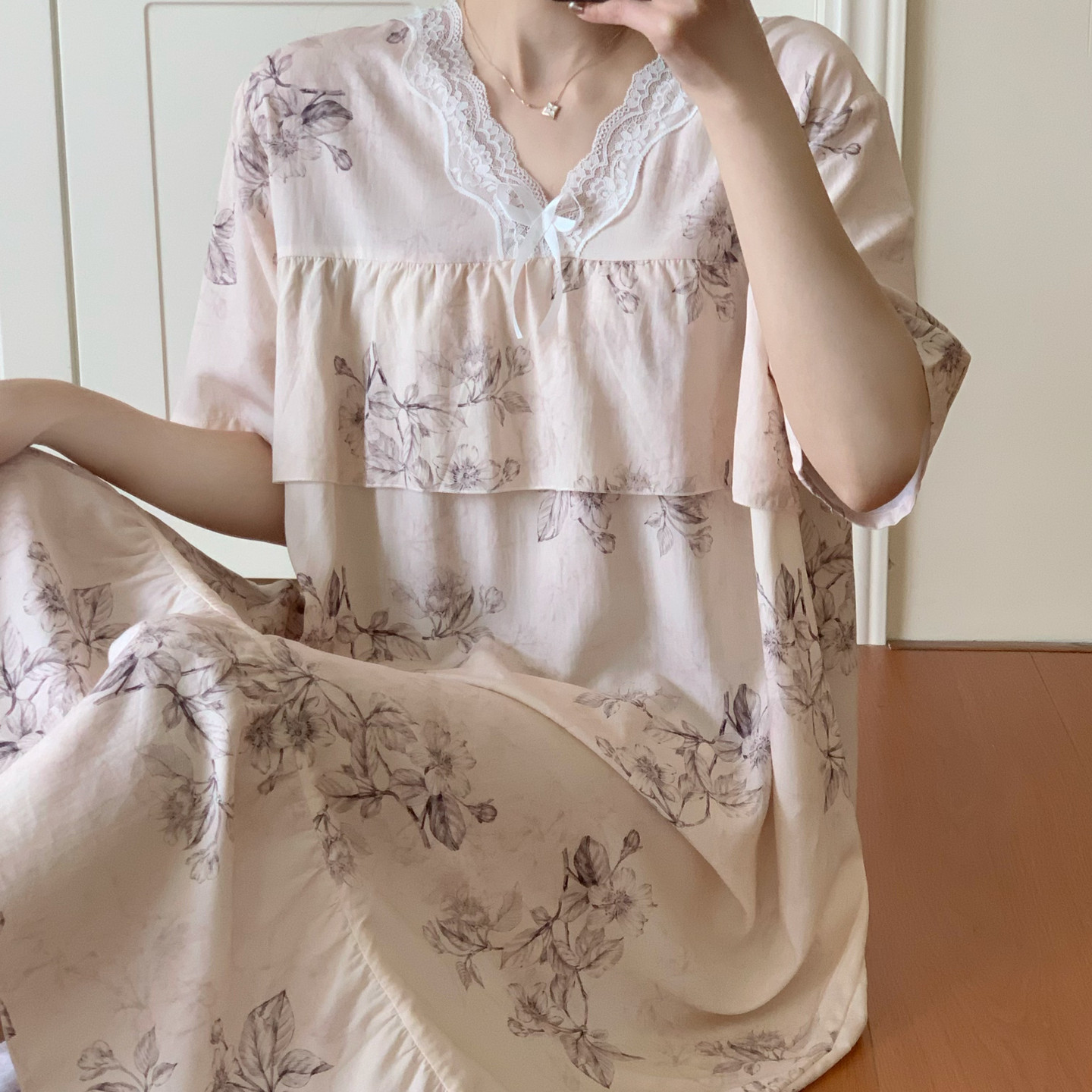 棉绸睡裙女夏短袖裙子绵绸人造棉薄款家居睡衣裙孕妇连衣裙大码