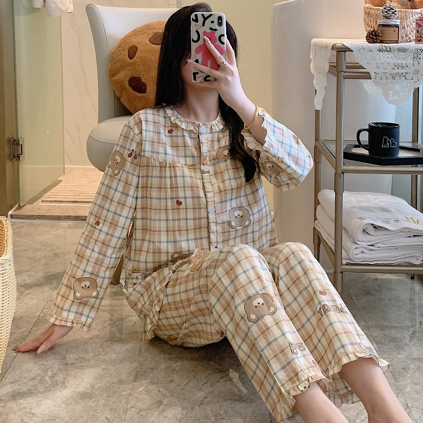 纯棉睡衣布料100全棉女春秋夏薄长袖妈妈家居服棉布套装可爱爆款
