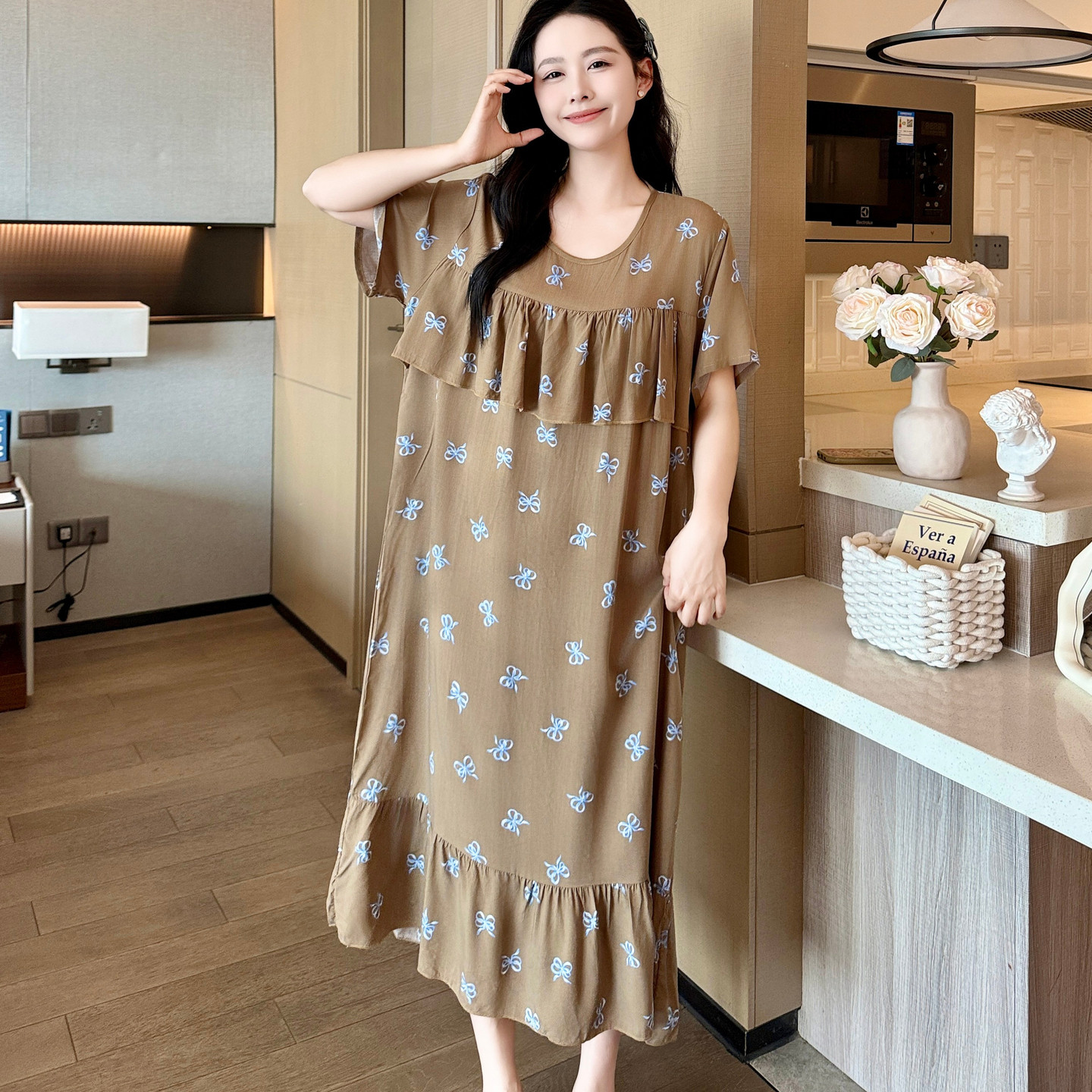 长款防凸点棉绸睡裙女夏短袖孕妇连衣裙睡衣裙长裙薄睡衣大码胖mm