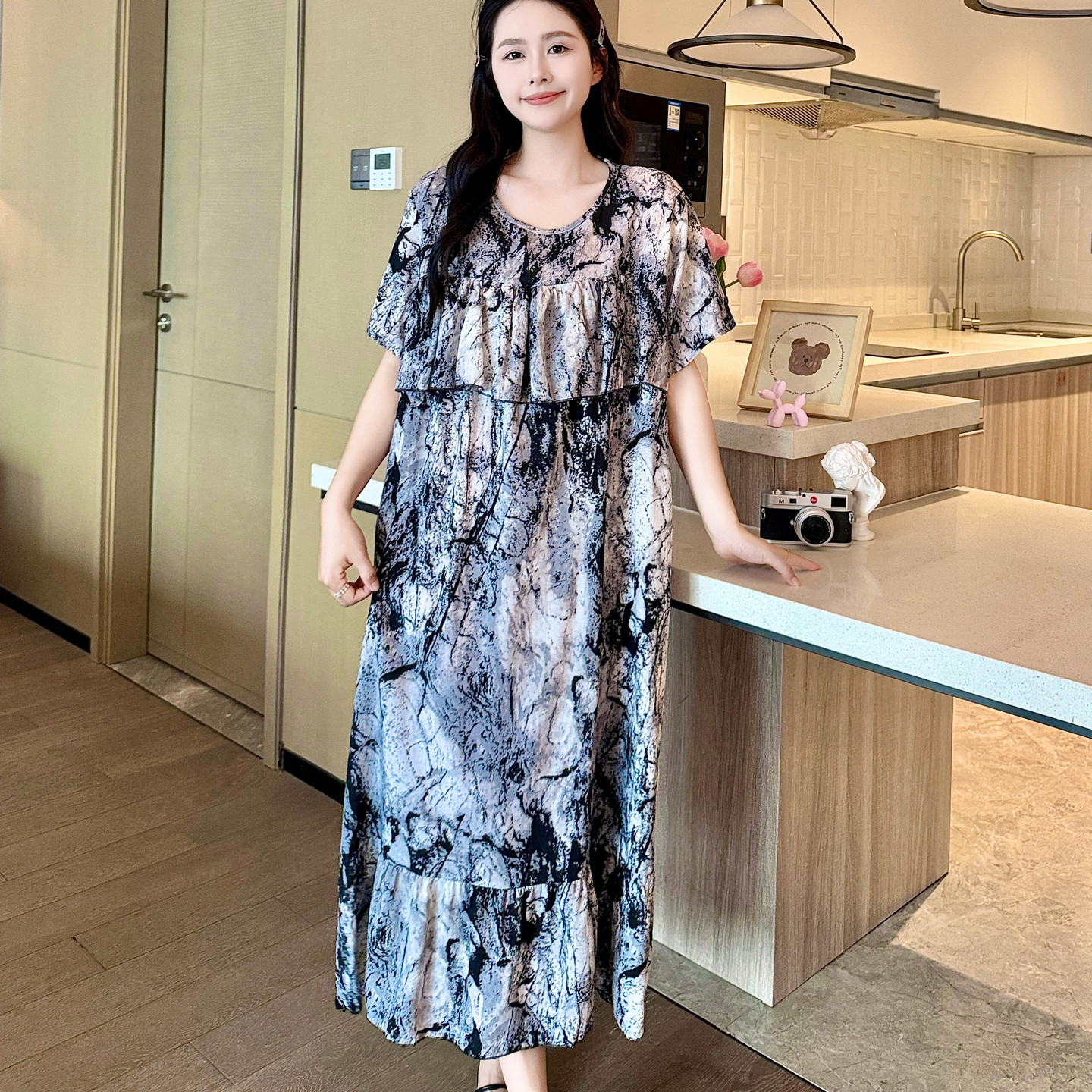 防凸点棉绸睡裙女夏短袖长款薄绵绸睡衣孕妇人造棉连衣裙大码胖mm