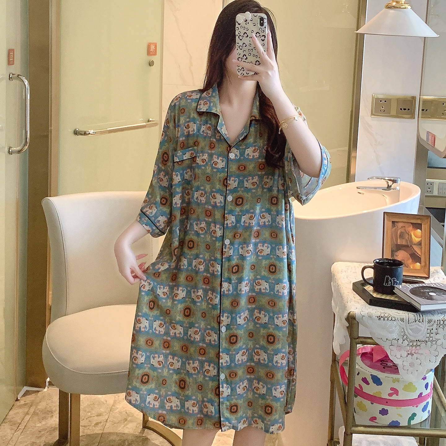棉绸睡裙女夏短袖衬衫睡衣孕妇人造棉薄连衣裙居家裙子年轻人可爱