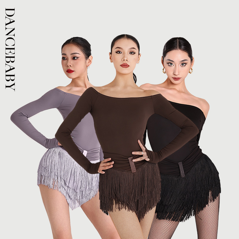 DANCEBABY拉丁舞连体上衣2025年新款舞蹈服装一字肩练功体服YD460