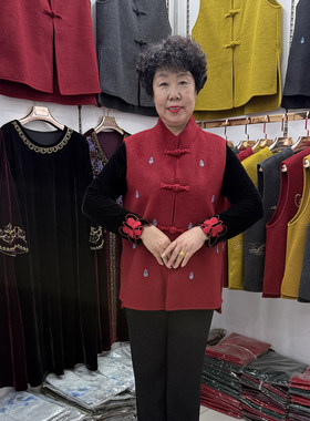 妈妈秋冬立领毛呢马甲背心上衣国风烫钻葫芦盘扣红色外搭中长款新