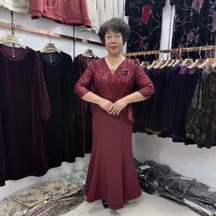 【喜婆婆】高贵妈妈秋冬红色婚宴连衣裙女气质收腰鱼尾晚礼服长款