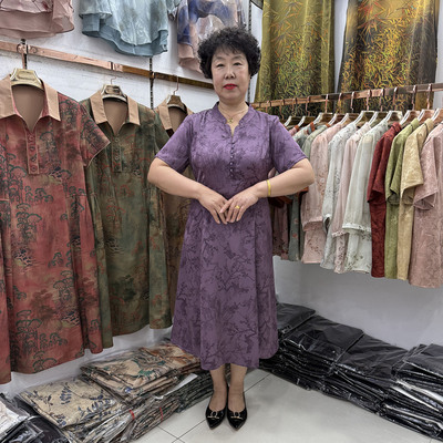 妈妈夏季新款真丝V领时尚旗袍连衣裙短袖过膝阔太太气质中长裙子