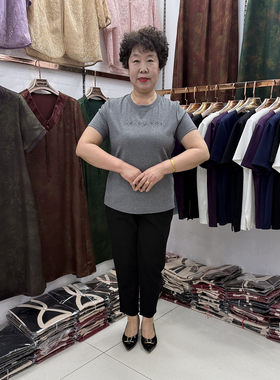 中年妈妈夏季圆领纯色半袖t恤衫女40-50岁妈妈休闲短袖套装休闲裤