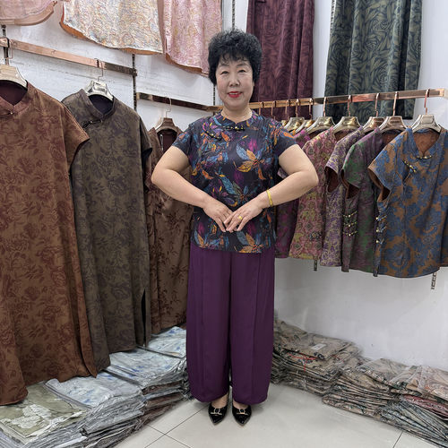 中年妈妈夏装复古彩花立领改良旗袍小衫2026盘扣短袖阔腿裤两件套