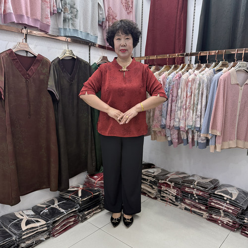 【母亲节】新中式夏装桑蚕丝妈妈小衫短袖暗纹提花盘扣宽奶奶套装