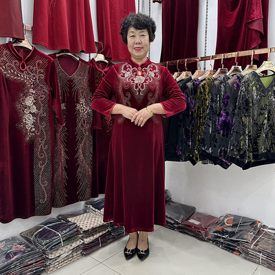 喜婆婆秋冬金丝绒旗袍洋气连衣裙