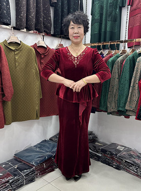 丝绒连衣裙鱼尾半身裙婚宴两件套