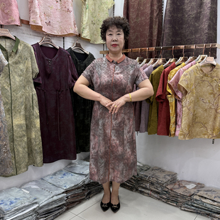 妈妈夏装娃娃领真丝印花连衣裙改良旗袍气质翻领中长款显瘦A字裙