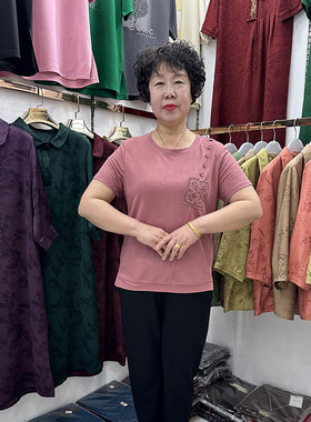 妈妈夏装圆领圆领纯色短袖t恤衫