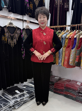 【推荐款】妈妈春装新中式葫芦提花红色马夹外套盘扣坎肩外搭套装