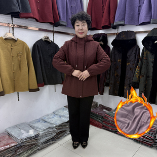 中老年冬装菱格连帽棉服女中长款2026宽松棉袄厚实保暖风衣外套