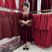 高端喜婆婆进口金丝绒婚宴两件套连衣裙女长袖 低领旗袍妈妈套装