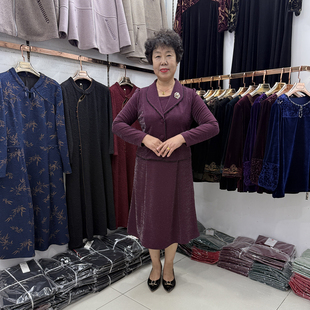 中老年秋冬新款西装翻领假两件套连衣裙小个子妈妈喜婆婆针织中裙
