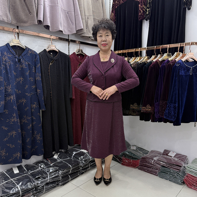 中老年秋冬新款西装翻领假两件套连衣裙小个子妈妈喜婆婆针织中裙