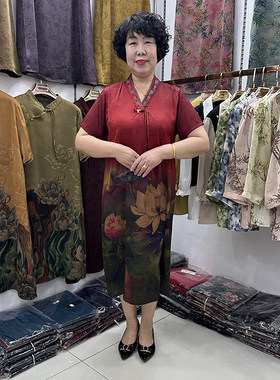 中年妈妈夏季重磅V领真丝连衣裙