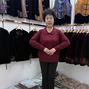 中年妈妈秋季新针织打底衫女娃娃领烫钻酒红色宽松老太太毛衣外套