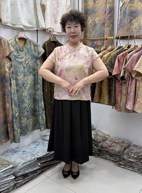 妈妈新中式国风仿真丝印花蝴蝶小衫40岁50旗袍妇女洋气两件套短袖