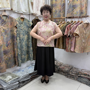妈妈新中式国风仿真丝印花蝴蝶小衫40岁50旗袍妇女洋气两件套短袖