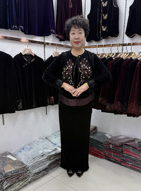 中老年秋冬国风改良丝绒套装妈妈女装重绣花马甲长袖上衣+直筒裤