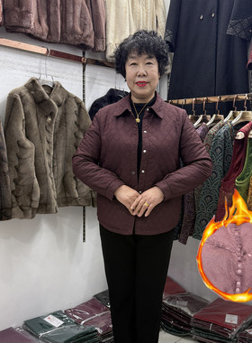中年妈妈冬装翻领菱格纯色夹克外套小个子40岁50休闲加棉宽松上衣
