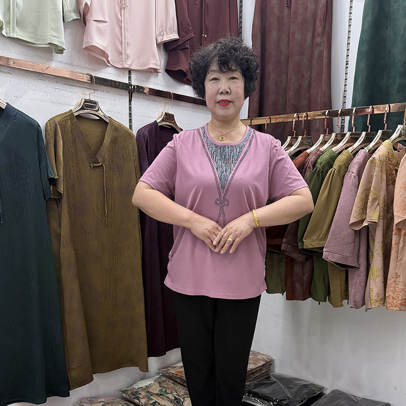 【母亲】加肥加大200斤妈妈短袖t恤衫女圆领流苏弹力宽松体恤奶奶