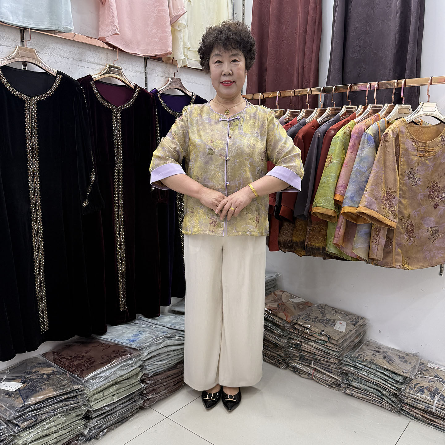 妈妈夏季真丝国风上衣新中式盘扣香芋紫镶边宽松透气衬衫奶奶套装