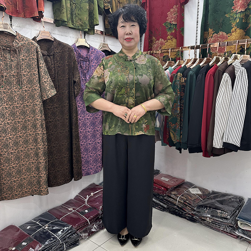 中老年春夏款唐装绣花中式国风t恤40岁50妈妈时尚套装桑蚕丝衬衫