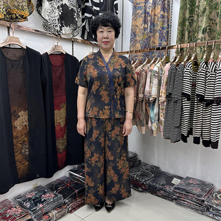 中年妈妈夏装V领真丝民族风妈妈套装女50岁阔太太两件套阔腿裤