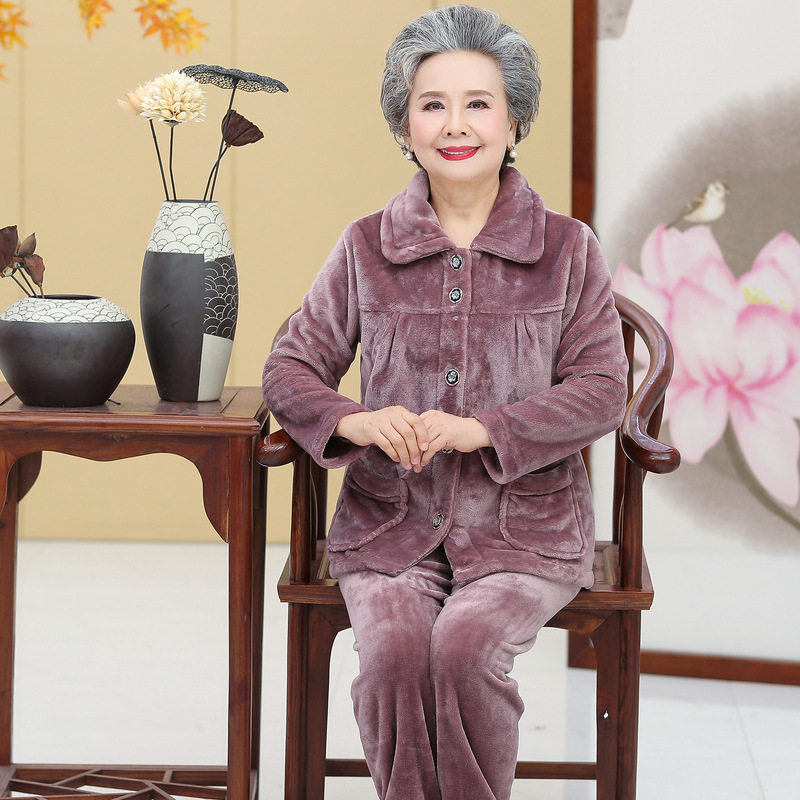 中老年加厚法兰绒睡衣女秋冬季妈妈衣服60奶奶大码宽松居服套装
