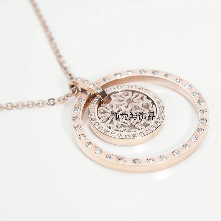 新款时尚follifollie项链钛钢电镀18k玫瑰金双环带钻项链女款
