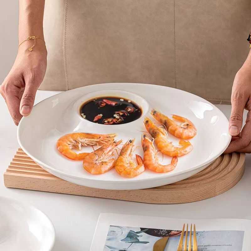 分格盘陶瓷饺子盘家用带醋碟薯条盘简约圆形餐具三文鱼虾盘装肉盘