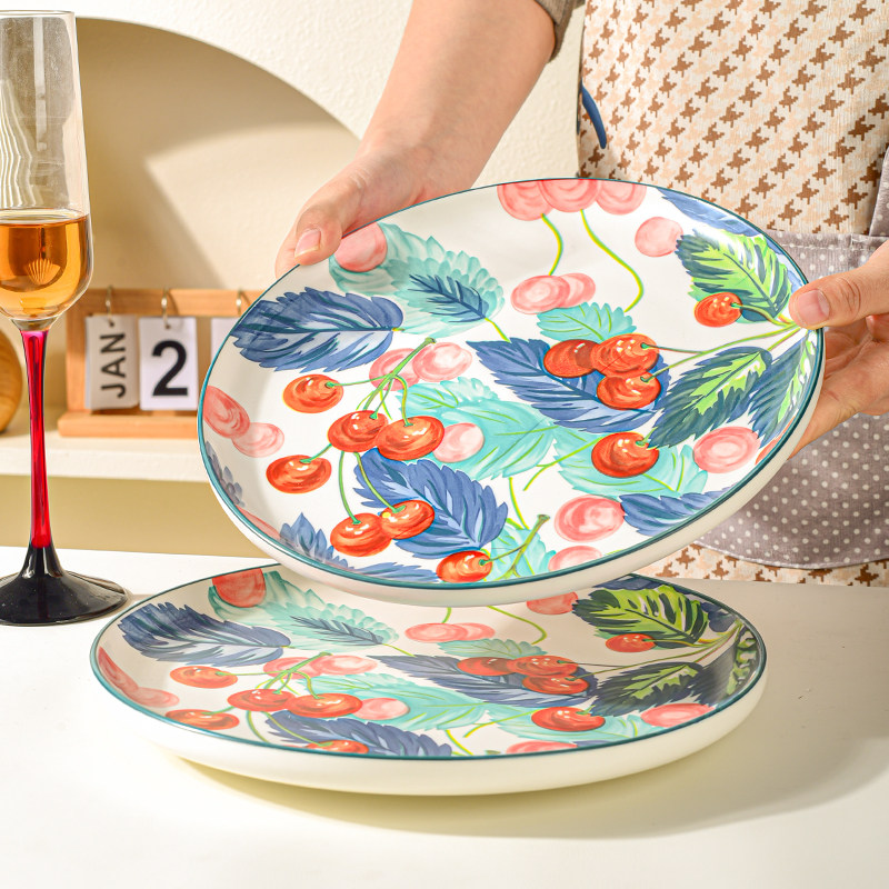 中式釉下彩菜盘沙拉盘水果盘饭盘圆形盘意面盘甜品盘点心盘耐高温